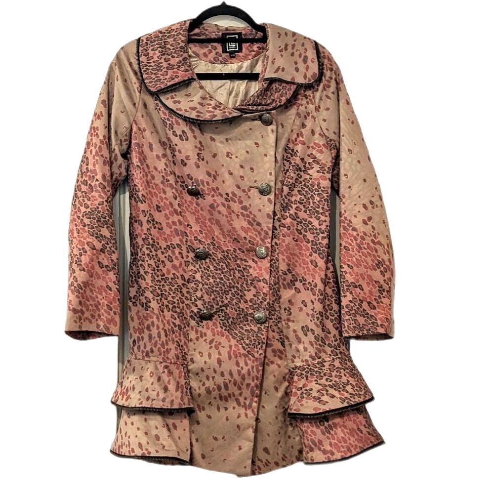 Club L London Pink/Beige Leopard Print Zipper Trim 3/4 Length Trench Coat Sz S/M